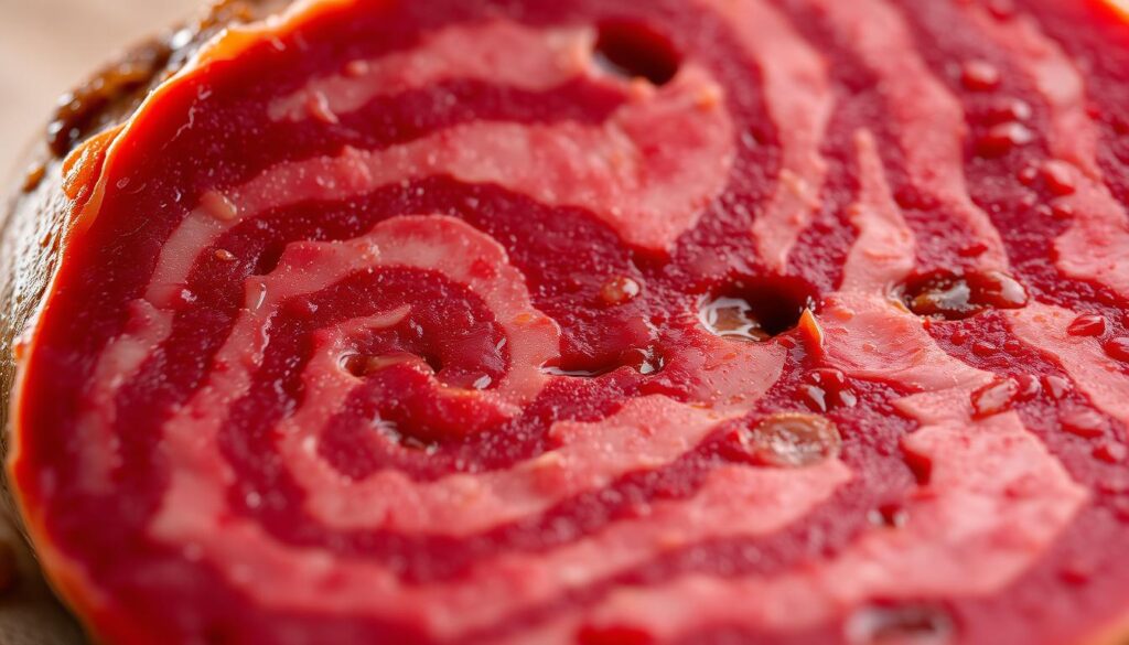 A close-up, high-resolution photograph of a traditional Culatello di Zibello, a prized Italian cured meat delicacy. The image shows the deep-red, marbled texture of the meat, glistening with natural oils. The lighting is soft and natural, highlighting the intricate patterns and contours of the Culatello. The background is blurred, placing the focus entirely on the artisanal craftsmanship and heritage of this iconic Italian food product. The angle and composition convey a sense of reverence and appreciation for the centuries-old tradition behind Culatello di Zibello.
