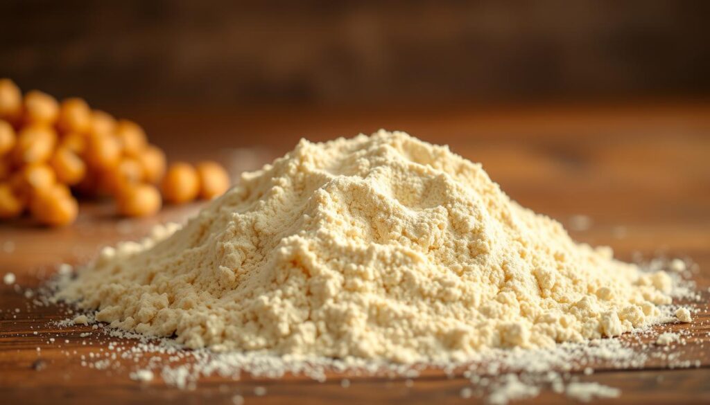 A close-up photograph of a pile of chickpea flour on a rustic wooden surface, bathed in warm, natural lighting. The flour appears fine and smooth, with a slightly golden hue. The texture is invitingly soft, almost cloud-like, hinting at the versatility of this nutritious ingredient. The background is intentionally blurred, keeping the focus on the central subject and creating a sense of depth and simplicity. The overall mood is one of artisanal authenticity, conveying the wholesome and gluten-free nature of chickpea flour, perfect for making socca-style pizza. A close-up photograph of a pile of chickpea flour on a rustic wooden surface, bathed in warm, natural lighting. The flour appears fine and smooth, with a slightly golden hue. The texture is invitingly soft, almost cloud-like, hinting at the versatility of this nutritious ingredient. The background is intentionally blurred, keeping the focus on the central subject and creating a sense of depth and simplicity. The overall mood is one of artisanal authenticity, conveying the wholesome and gluten-free nature of chickpea flour, perfect for making socca-style pizza.
