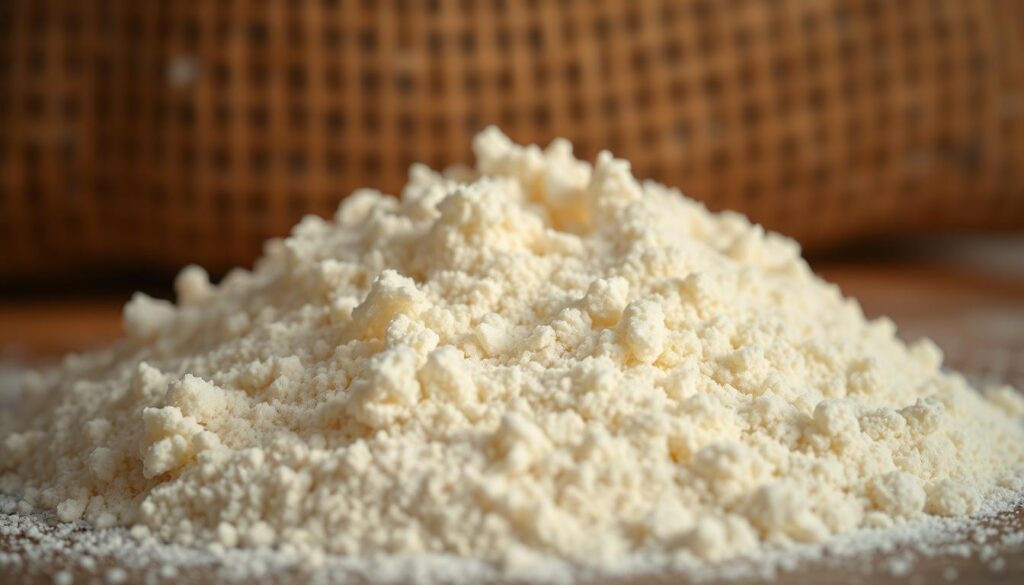 A close-up photograph of a pile of fine, pale-golden Italian wheat flour (Caputo Tipo 1) against a warm, rustic background. The flour appears soft and delicate, with a slight granular texture visible. The lighting is soft and diffused, casting gentle shadows that accentuate the flour's velvety appearance. The image is captured with an iPhone 16 Pro Max, using a shallow depth of field to keep the flour in sharp focus while blurring the background, which features a wooden surface or perhaps a burlap sack. The overall mood is one of warmth, authenticity, and the natural, artisanal qualities of the premium Italian flour.