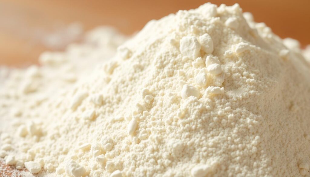 A close-up photograph of a pile of fine, white Neapolitan pizza flour, captured under soft, natural lighting. The flour appears delicate and velvety, with a slight shimmer. The texture is clearly visible, inviting the viewer to imagine its smooth, silky feel. The background is slightly blurred, placing the focus entirely on the captivating details of the flour. The image conveys a sense of artisanal quality and the promise of a perfect, authentic Neapolitan pizza crust.