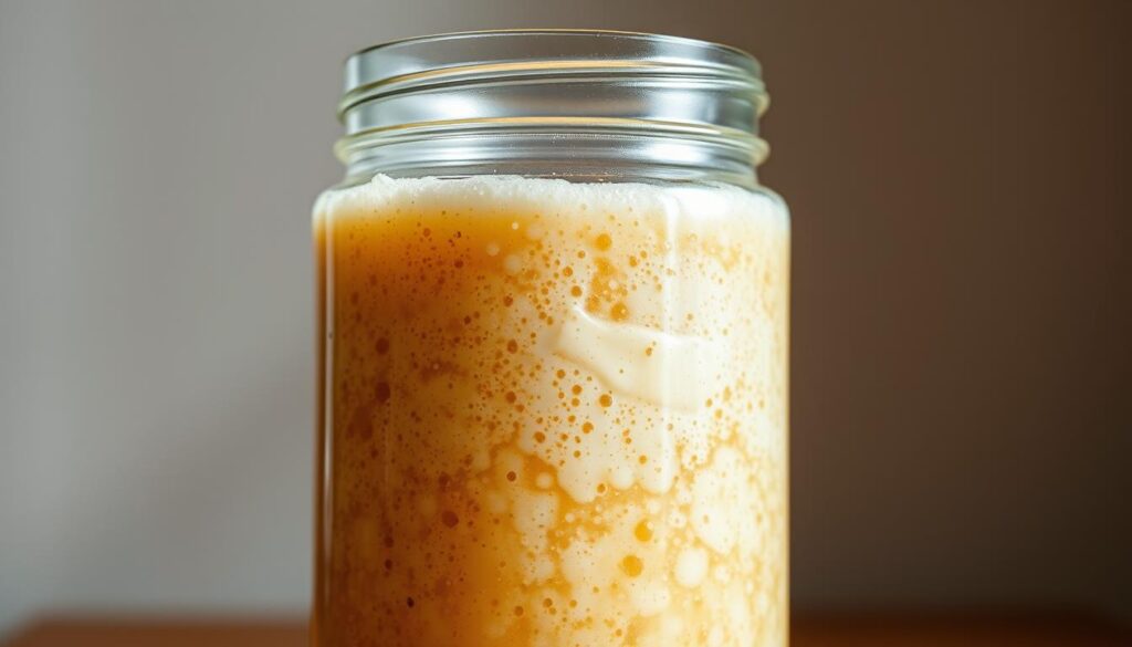 A close-up shot of a freshly prepared Caputo Criscito, a traditional Italian sourdough starter used for making authentic pizza dough. The glass jar is filled with a bubbly, golden-brown liquid, emitting a rich, yeasty aroma. The jar is set against a neutral, minimalist background, allowing the captivating visual of the fermenting starter to take center stage. The lighting is soft and natural, creating a warm, inviting atmosphere that evokes the artisanal craftsmanship of traditional Italian pizza making. The angle is slightly elevated, giving the viewer a sense of intimacy and connection with the essential ingredient that lends depth and complexity to the perfect pizza crust. A close-up shot of a freshly prepared Caputo Criscito, a traditional Italian sourdough starter used for making authentic pizza dough. The glass jar is filled with a bubbly, golden-brown liquid, emitting a rich, yeasty aroma. The jar is set against a neutral, minimalist background, allowing the captivating visual of the fermenting starter to take center stage. The lighting is soft and natural, creating a warm, inviting atmosphere that evokes the artisanal craftsmanship of traditional Italian pizza making. The angle is slightly elevated, giving the viewer a sense of intimacy and connection with the essential ingredient that lends depth and complexity to the perfect pizza crust.