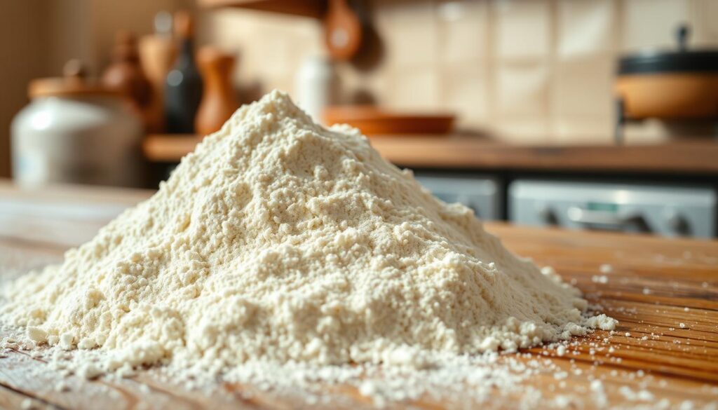 A close-up shot of a pile of Molino Spadoni Pulcinella "00" flour, a fine, soft, and silky Italian wheat flour ideal for making authentic Neapolitan-style pizza. The flour is arranged on a rustic wooden surface, with a natural, warm lighting casting gentle shadows that accentuate its delicate texture. In the background, a blurred view of a traditional Italian kitchen, hinting at the rich heritage and craftsmanship behind this premium ingredient. The overall scene conveys a sense of quality, tradition, and the culinary essence of Naples, setting the stage to showcase this essential component of creating the perfect pizza.