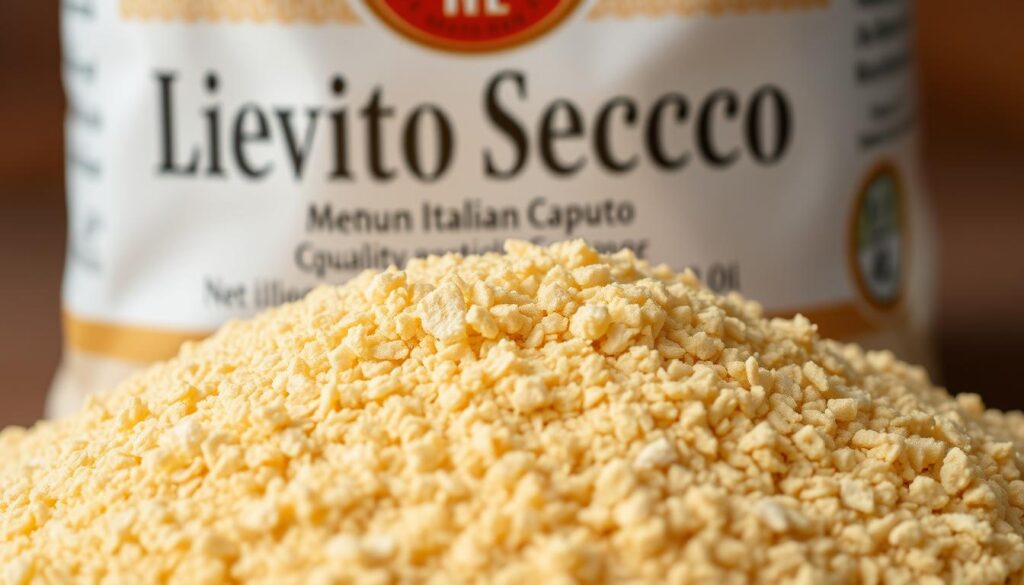 A close-up shot of a pile of dry, granular yeast called "Lievito Secco" by the premium Italian flour brand Molino Caputo. The yeast grains have a warm, golden hue and a slightly powdery texture, capturing the premium quality and artisanal nature of this baking ingredient. The image is captured with natural, soft lighting, showcasing the product's details in a clean, professional manner. The composition places the yeast prominently in the frame, allowing the viewer to focus on the key subject matter. The overall mood is one of quality, craftsmanship, and the authentic ingredients used in traditional Italian baking.