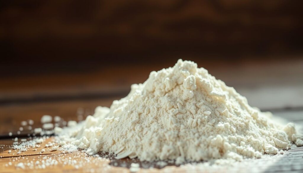 A close-up shot of a pile of pristine, fine-milled "00" flour on a rustic wooden surface, bathed in warm, natural lighting. The flour appears soft and delicate, with a slightly off-white hue that suggests its high quality. The image is captured with an iPhone 16 Pro Max, using a shallow depth of field to draw the viewer's attention to the detailed texture and sheen of the flour. The overall mood is one of simplicity, purity, and the artisanal nature of this premium baking ingredient.