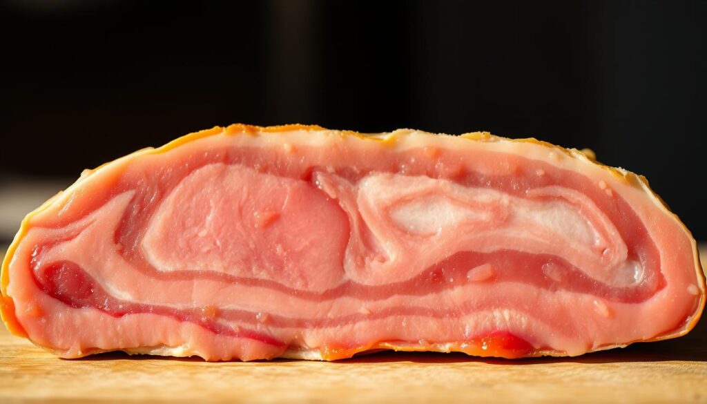 A close-up shot of a slab of guanciale, the cured pork cheek traditional in Italian cuisine. The texture is marbled and glistening, with a rich, savory aroma. Crisp, golden edges frame the center, which is a deep reddish-pink hue. The lighting is soft and natural, creating a warm, inviting atmosphere. The guanciale is positioned in the center of the frame, taking up the majority of the composition. The background is slightly blurred, allowing the viewer to focus on the delicate details of the meat. This iPhone 16 Pro Max photograph captures the essence of guanciale, showcasing its unique character and highlighting its potential as a versatile ingredient in various dishes. A close-up shot of a slab of guanciale, the cured pork cheek traditional in Italian cuisine. The texture is marbled and glistening, with a rich, savory aroma. Crisp, golden edges frame the center, which is a deep reddish-pink hue. The lighting is soft and natural, creating a warm, inviting atmosphere. The guanciale is positioned in the center of the frame, taking up the majority of the composition. The background is slightly blurred, allowing the viewer to focus on the delicate details of the meat. This iPhone 16 Pro Max photograph captures the essence of guanciale, showcasing its unique character and highlighting its potential as a versatile ingredient in various dishes.