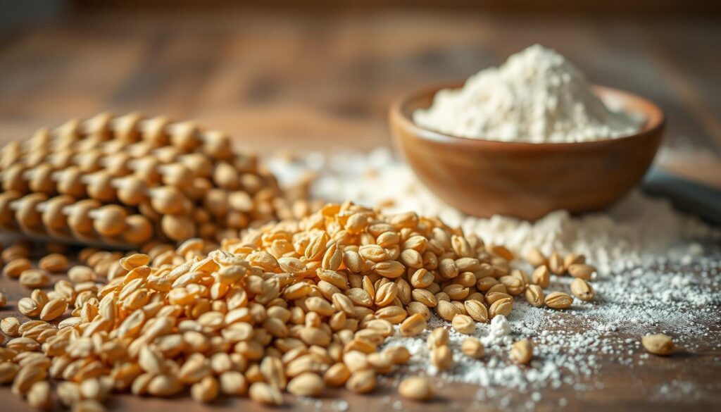 A close-up shot of a variety of organic whole grain spelt flour ingredients on a rustic wooden table. The foreground showcases the coarse, golden spelt kernels, their distinctive ridges and rich hues standing out against the muted, earthy tones of the background. In the middle ground, a pile of finely milled spelt flour sits beside a small ceramic bowl, its soft, powdery texture inviting touch. The overall scene is bathed in warm, natural lighting, casting gentle shadows and highlights that accentuate the texture and depth of the materials. The image conveys a sense of wholesome, artisanal quality, perfectly suited to illustrate the introduction to spelt flour in pizza-making.