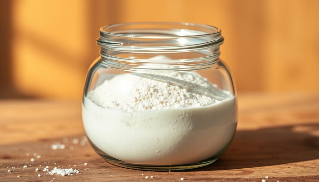 A crisp, high-resolution close-up photograph of a transparent glass jar filled with pristine, finely-milled "mąka typu 00" flour for pizza, captured with an iPhone 16 Pro Max. The jar sits atop a wooden surface, illuminated by warm, natural lighting that casts subtle shadows, highlighting the texture and quality of the flour. The background is softly blurred, placing the focus entirely on the jar and its contents, showcasing the key characteristics of this premium pizza flour from the "5 Stagioni Superiore" brand. A crisp, high-resolution close-up photograph of a transparent glass jar filled with pristine, finely-milled "mąka typu 00" flour for pizza, captured with an iPhone 16 Pro Max. The jar sits atop a wooden surface, illuminated by warm, natural lighting that casts subtle shadows, highlighting the texture and quality of the flour. The background is softly blurred, placing the focus entirely on the jar and its contents, showcasing the key characteristics of this premium pizza flour from the "5 Stagioni Superiore" brand.