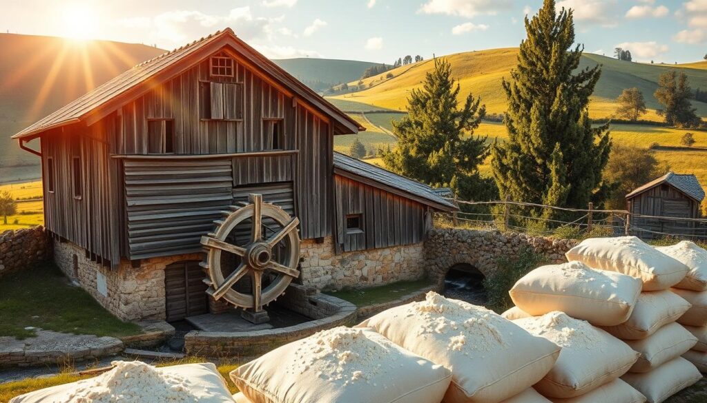 A family-owned, old-fashioned grain mill nestled in a picturesque countryside setting. The weathered wooden structure stands proudly, its large waterwheel slowly turning as it harnesses the power of a nearby stream. Sunlight filters through the mill's windows, casting a warm, golden glow over the scene. In the foreground, sacks of freshly milled flour are stacked neatly, ready to be used in the artisanal baking process. The surrounding landscape is lush and verdant, with rolling hills and tall trees providing a serene backdrop. This idyllic, rustic scene perfectly captures the essence of the Caputo Cuoco (Sacco Rosso) product and its connection to traditional milling techniques.