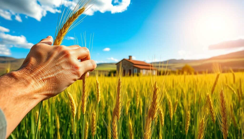 A lush, verdant field of ancient einkorn wheat, its golden stalks swaying gently in the breeze. In the foreground, a weathered farmer's hand tenderly caresses the delicate spikes, a lifetime of wisdom etched into the lined skin. The mid-ground reveals a quaint, stone-built farmhouse, its red-tiled roof and whitewashed walls a testament to generations of tradition. In the background, rolling hills and a cloudless azure sky, the sun's warm rays casting a soft, golden glow over the scene. The image conveys a sense of timelessness, a connection to the land and the enduring legacy of this ancient grain, ready to be rediscovered and celebrated in the modern kitchen. A lush, verdant field of ancient einkorn wheat, its golden stalks swaying gently in the breeze. In the foreground, a weathered farmer's hand tenderly caresses the delicate spikes, a lifetime of wisdom etched into the lined skin. The mid-ground reveals a quaint, stone-built farmhouse, its red-tiled roof and whitewashed walls a testament to generations of tradition. In the background, rolling hills and a cloudless azure sky, the sun's warm rays casting a soft, golden glow over the scene. The image conveys a sense of timelessness, a connection to the land and the enduring legacy of this ancient grain, ready to be rediscovered and celebrated in the modern kitchen.