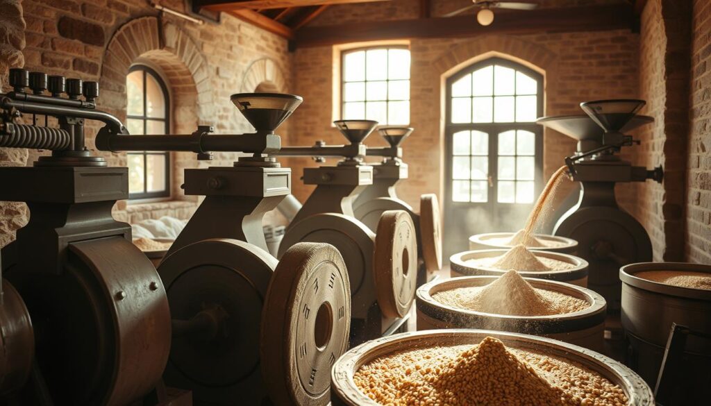 A meticulously crafted, artisanal process unfolds within a traditional stone mill, capturing the essence of luxury flour production. Warm, natural lighting filters through large windows, illuminating the intricate dance of stone wheels grinding whole grains into a fine, golden powder. Sleek, modern machinery seamlessly integrates with the timeless milling techniques, ensuring each step is executed with precision. The scene exudes a sense of reverence and craftsmanship, inviting the viewer to appreciate the unique, high-quality flour that emerges from this time-honored process.