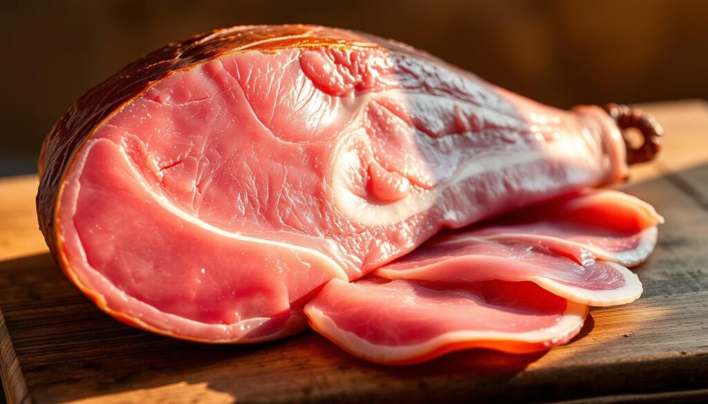 A mouth-watering Italian delicacy, a whole prosciutto cotto, or cooked ham, rests on a rustic wooden surface. The meat's deep pink hue glistens under warm, natural lighting, casting soft shadows that accentuate its smooth, tender texture. Thin slices reveal the ham's distinctive marbling, a testament to its careful curing process. The background is subtly blurred, allowing the prosciutto to take center stage, its aroma and flavor beckoning the viewer to savor every bite. This iPhone 16 Pro Max photograph captures the essence of Prosciutto Cotto, showcasing the unique characteristics that make it a true culinary gem.