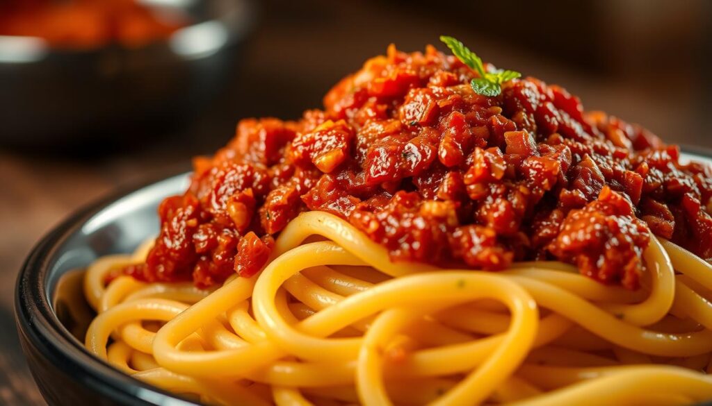 A mouthwatering close-up of a heaping portion of 'nduja, a spicy and creamy Calabrian cured meat. The rich, ruby-red spread glistens with natural oils, its intense aroma beckoning the senses. Nestled on a bed of fresh, al dente pasta, the 'nduja's bold, peppery notes mingle with the starch's mild, comforting flavors. Illuminated by warm, diffused lighting that lends a rustic, homemade feel, the image captures the essence of this unique Italian delicacy in all its bold, indulgent glory. Shot with an iPhone 16 Pro Max, the high-resolution photograph showcases the dish's enticing textures and vibrant colors in striking detail.