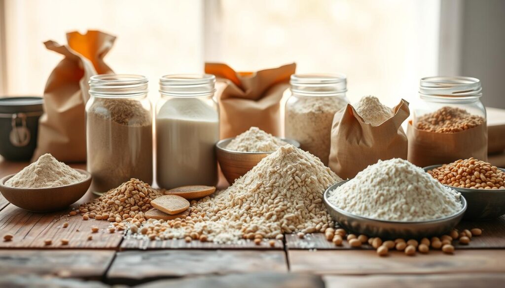 A neatly arranged display of various types of buckwheat flour on a rustic wooden table, illuminated by warm, natural lighting. The flours are presented in glass jars or paper bags, showcasing their distinct colors and textures. The foreground features close-up shots of the different buckwheat flour varieties, while the middle ground includes some additional kitchen ingredients, such as whole buckwheat grains, to provide context. The background has a soft, blurred effect, creating a sense of depth and focus on the main subject. The overall composition and lighting evoke a artisanal, homemade feel, suitable for illustrating the characteristics of buckwheat flour. A neatly arranged display of various types of buckwheat flour on a rustic wooden table, illuminated by warm, natural lighting. The flours are presented in glass jars or paper bags, showcasing their distinct colors and textures. The foreground features close-up shots of the different buckwheat flour varieties, while the middle ground includes some additional kitchen ingredients, such as whole buckwheat grains, to provide context. The background has a soft, blurred effect, creating a sense of depth and focus on the main subject. The overall composition and lighting evoke a artisanal, homemade feel, suitable for illustrating the characteristics of buckwheat flour.
