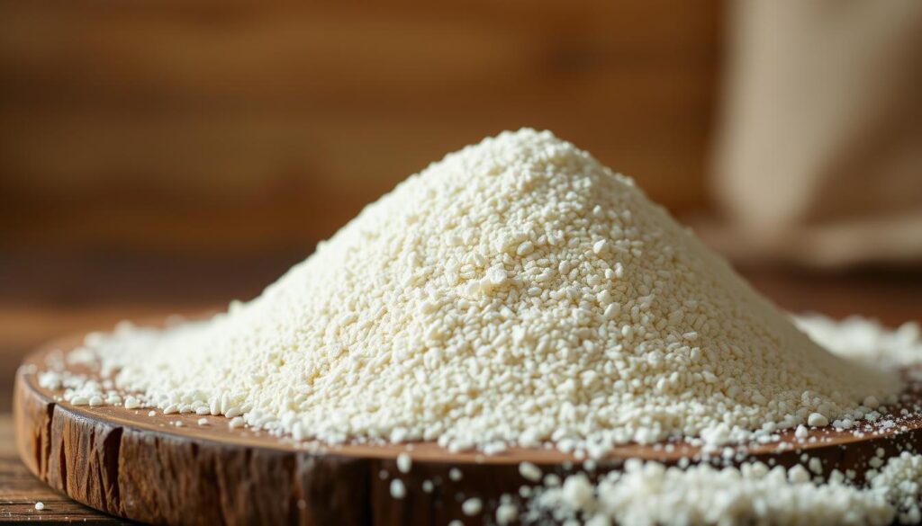 A neatly stacked pile of Caputo Classica "00" flour in a warm, natural lighting. The fine, ivory-colored grains glisten subtly, their texture inviting touch. The flour sits atop a rustic wooden surface, its grains spilling slightly onto the edges, creating a sense of artisanal authenticity. The background is softly blurred, drawing the viewer's focus to the central subject. The overall mood is one of quality, simplicity, and the comforting familiarity of home-cooked Italian cuisine.
