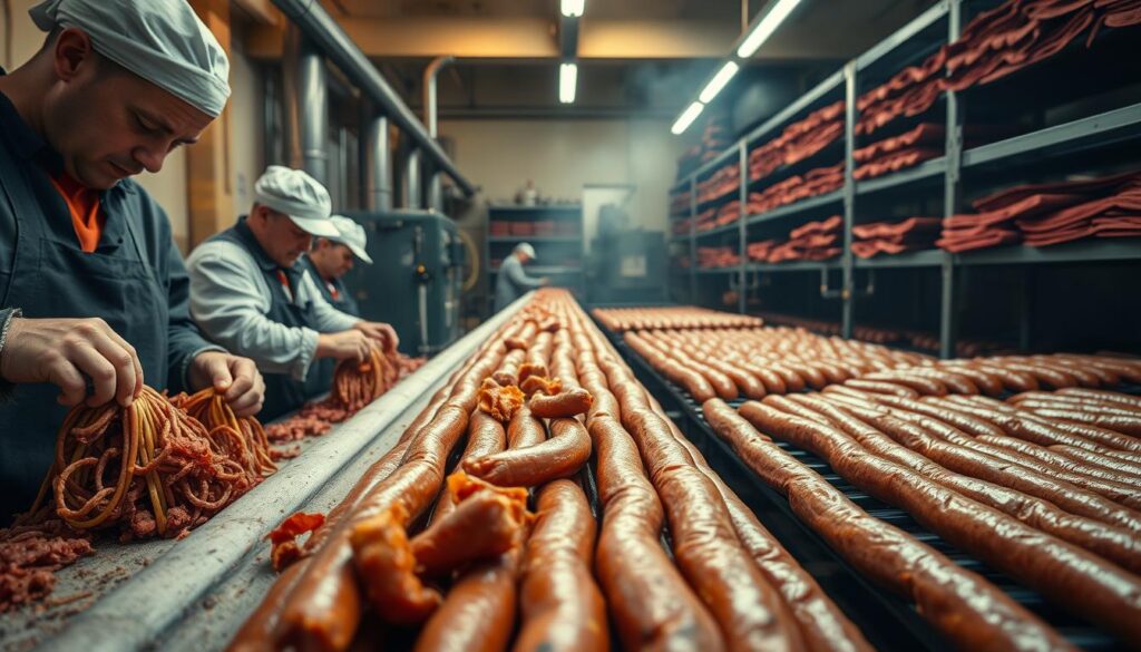 A production line of traditional Polish sausage-making, captured in a crisp, documentary-style shot. In the foreground, skilled workers meticulously stuff casings with seasoned minced meat, their hands moving with practiced precision. The middle ground reveals the systematic process of curing, smoking, and drying the links, showcased in a well-organized factory setting. In the background, glimpses of industrial equipment and shelves laden with the final, glistening product evoke the proud heritage of this artisanal craft. Warm, amber lighting and a neutral color palette lend an authentic, almost nostalgic atmosphere to this scene of the bresaola production process.