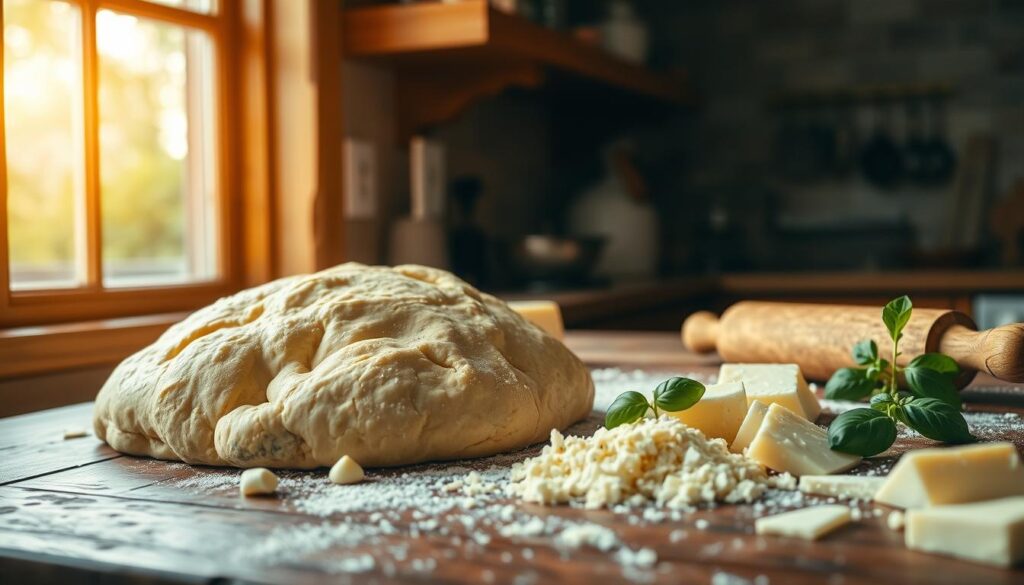A rustic kitchen counter, bathed in warm, natural light from a large window. On the surface, a mound of golden-hued dough, freshly kneaded and ready for shaping. Scattered around, a selection of premium Italian cheeses - creamy mozzarella, sharp parmesan, and tangy gorgonzola. A wooden rolling pin and a few sprigs of fresh basil complete the mise en scène, hinting at the delicious pizza to come. The overall atmosphere is one of culinary anticipation, inviting the viewer to imagine the aroma and texture of the perfect pizza crust.