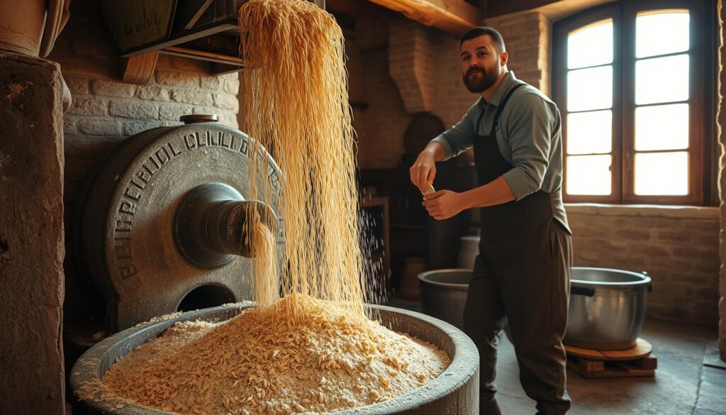 A rustic, stone-ground flour milling process unfolds in a timeless, artisanal setting. Streams of golden wheat pour into a massive, weathered millstone, as it slowly grinds and transforms the grains into a fine, powdery flour. Warm, natural light filters through a large window, casting a soft, inviting glow over the scene. The worn, wooden surfaces and worn, leather-clad miller create a sense of heritage and craft. The image conveys the care, attention, and tradition behind creating Molino Quaglia Petra 1's exceptional, handcrafted flour.