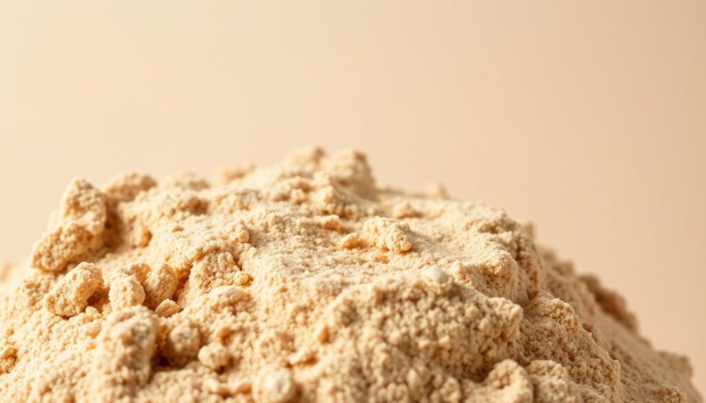 A rustic, whole wheat flour for pizza, close-up against a plain, natural background. The flour is golden-brown, slightly coarse in texture, with a few visible flecks of bran. Soft, even lighting from the side creates subtle shadows and highlights the flour's tactile quality. The image is captured with an iPhone 16 Pro Max, showcasing the rich, detailed texture and natural character of this specialty pizza flour.