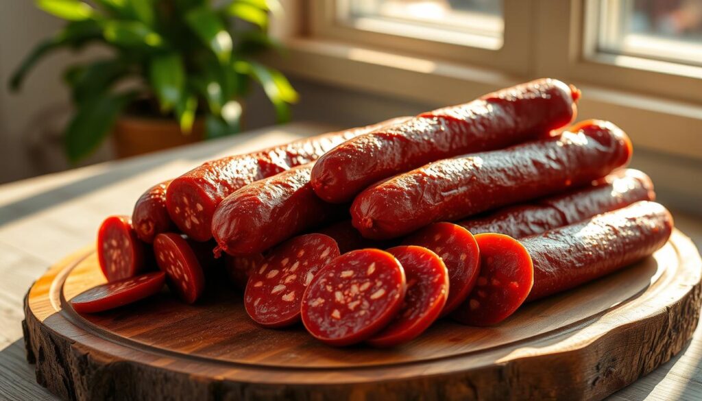 A rustic wooden board showcases a carefully arranged display of tradycyjne salami piccante. The cured sausages are a deep, rich red, with a glistening, peppery exterior that promises a bold, authentic Italian flavor. Sunlight filters through a nearby window, casting a warm, golden glow over the scene, highlighting the intricate textures and shadows. The background blurs softly, allowing the salami to take center stage, inviting the viewer to imagine the savory aroma and the satisfying bite of this traditional Italian delicacy.