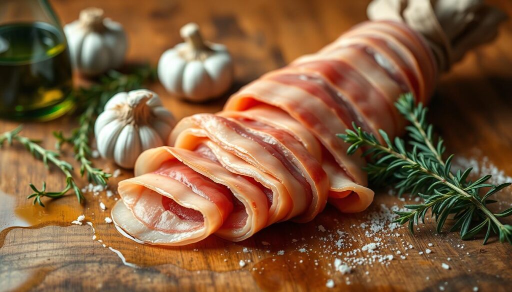 A rustic wooden kitchen counter, glistening with olive oil, showcases a tightly-rolled bundle of pancetta. Thin slices of the cured Italian pork belly reveal its distinctive marbling, hinting at the rich, savory flavor. Garlic, fresh herbs, and a dusting of coarse sea salt surround the pancetta, creating a visually appetizing tableau. The warm, diffused lighting casts a gentle glow, highlighting the textures and inviting the viewer to imagine the aroma and taste. This iPhone 16 Pro Max photograph captures the essence of pancetta - a traditional Italian ingredient that elevates any dish with its time-honored tradition and versatile culinary applications.