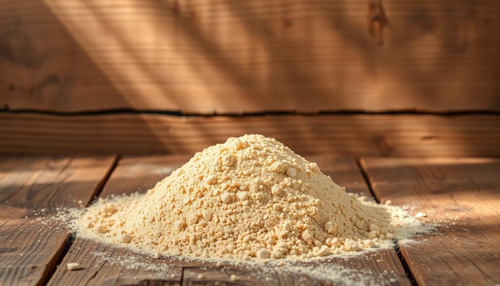 A rustic wooden surface, worn and weathered, serves as the backdrop for a mound of Farina di Grano Arso, a unique flour made from burnt wheat. The golden-brown hue of the flour contrasts beautifully with the warm, natural tones of the wood. Beams of soft, natural light cast a gentle glow over the scene, highlighting the coarse, uneven texture of the flour. The overall composition evokes a sense of artisanal, authentic Italian tradition, inviting the viewer to imagine the rich, smoky flavor and aroma of this distinctive ingredient.