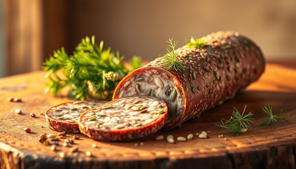 A rustic wooden table, adorned with a traditional Italian salami, its surface peppered with fragrant fennel seeds. The soft, creamy flesh of the salami is punctuated by the vibrant green flecks of fresh, aromatic dill. Warm, natural lighting casts a golden glow, highlighting the intricate, hand-crafted texture of the cured meat. In the background, a simple, minimalist backdrop allows the star of the scene - the traditional salami production - to shine. The overall impression is one of artisanal craftsmanship, culinary heritage, and the delicate balance of flavors that defines the essence of Finocchiona, the iconic Tuscan salami. A rustic wooden table, adorned with a traditional Italian salami, its surface peppered with fragrant fennel seeds. The soft, creamy flesh of the salami is punctuated by the vibrant green flecks of fresh, aromatic dill. Warm, natural lighting casts a golden glow, highlighting the intricate, hand-crafted texture of the cured meat. In the background, a simple, minimalist backdrop allows the star of the scene - the traditional salami production - to shine. The overall impression is one of artisanal craftsmanship, culinary heritage, and the delicate balance of flavors that defines the essence of Finocchiona, the iconic Tuscan salami.
