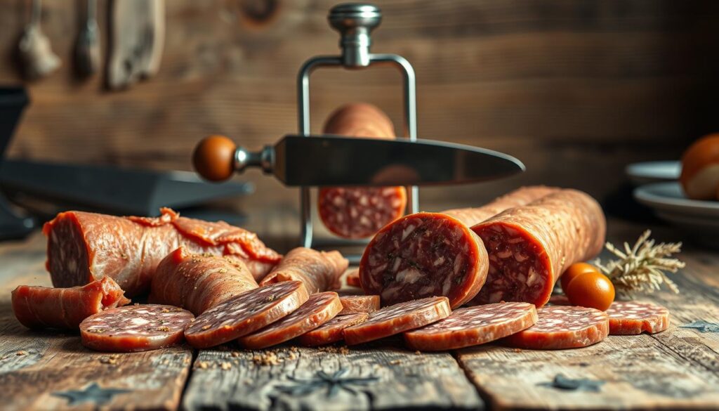 A rustic wooden table, weathered and worn, serves as the backdrop for a traditional salami recipe. In the foreground, a selection of premium pork cuts, expertly seasoned with a blend of fragrant spices, lay neatly arranged. The lighting, soft and warm, casts a gentle glow, highlighting the rich, earthy tones of the cured meat. In the middle ground, a vintage slicer stands ready, its gleaming blade poised to reveal the salami's signature cross-section, showcasing the intricate pattern of fat and lean. The scene evokes a sense of timeless tradition, a celebration of the artisanal craft that has been passed down through generations, capturing the essence of the "tradycyjna receptura salami" that is the heart of the Salame Napoli. A rustic wooden table, weathered and worn, serves as the backdrop for a traditional salami recipe. In the foreground, a selection of premium pork cuts, expertly seasoned with a blend of fragrant spices, lay neatly arranged. The lighting, soft and warm, casts a gentle glow, highlighting the rich, earthy tones of the cured meat. In the middle ground, a vintage slicer stands ready, its gleaming blade poised to reveal the salami's signature cross-section, showcasing the intricate pattern of fat and lean. The scene evokes a sense of timeless tradition, a celebration of the artisanal craft that has been passed down through generations, capturing the essence of the "tradycyjna receptura salami" that is the heart of the Salame Napoli.