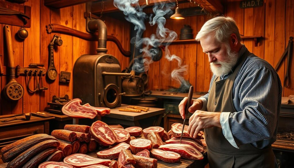 A rustic, wooden workshop bathed in warm, golden light. Weathered hands deftly slice cured meats, revealing the intricate marbling within. Smoke curls from an ancient smokehouse, infusing the air with the rich, earthy aroma of traditional sausage-making. Antique tools and machinery line the walls, a testament to generations of artisanal craftsmanship. In the foreground, a skilled butcher carefully trims and seasons the meat, his movements precise and practiced. The scene exudes a sense of timeless tradition, capturing the essence of "tradycyjne metody produkcji wędlin" - the time-honored techniques that give Alto Adige's Speck its distinctive flavor and texture.
