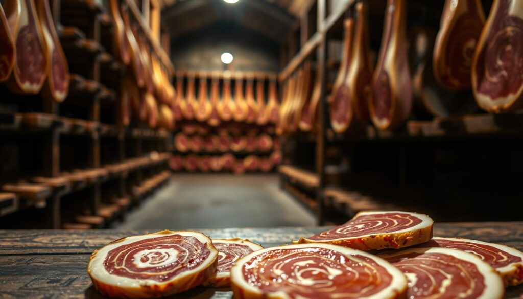 A serene photograph of the aging process of Prosciutto di Parma, the renowned Italian ham. In the foreground, delicate slices of the cured meat reveal its distinctive marbling and deep red hue. The middle ground showcases the traditional wooden racks where the hams are left to slowly mature for up to 24 months, bathed in the warm, humid air of the Parma region. The background gently fades into the dimly lit, centuries-old curing rooms, exuding an aura of history and craftsmanship. The image is captured with a soft, natural lighting that highlights the texture and depth of the prosciutto, conveying the care and patience required to create this culinary masterpiece. A serene photograph of the aging process of Prosciutto di Parma, the renowned Italian ham. In the foreground, delicate slices of the cured meat reveal its distinctive marbling and deep red hue. The middle ground showcases the traditional wooden racks where the hams are left to slowly mature for up to 24 months, bathed in the warm, humid air of the Parma region. The background gently fades into the dimly lit, centuries-old curing rooms, exuding an aura of history and craftsmanship. The image is captured with a soft, natural lighting that highlights the texture and depth of the prosciutto, conveying the care and patience required to create this culinary masterpiece.