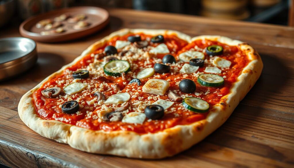 A tempting display of rectangular pizza al taglio, freshly baked and invitingly arranged on a rustic wooden counter. The dough is perfectly crisp on the outside yet light and airy on the inside, dressed with a vibrant tomato sauce and a generous scattering of melted mozzarella cheese. The top is adorned with colorful slices of zucchini, mushrooms, and olives, creating a visually appealing and appetizing composition. The scene is bathed in warm, natural lighting, captured through the lens of an iPhone 16 Pro Max, showcasing the authentic Italian street food in all its glory. A tempting display of rectangular pizza al taglio, freshly baked and invitingly arranged on a rustic wooden counter. The dough is perfectly crisp on the outside yet light and airy on the inside, dressed with a vibrant tomato sauce and a generous scattering of melted mozzarella cheese. The top is adorned with colorful slices of zucchini, mushrooms, and olives, creating a visually appealing and appetizing composition. The scene is bathed in warm, natural lighting, captured through the lens of an iPhone 16 Pro Max, showcasing the authentic Italian street food in all its glory.