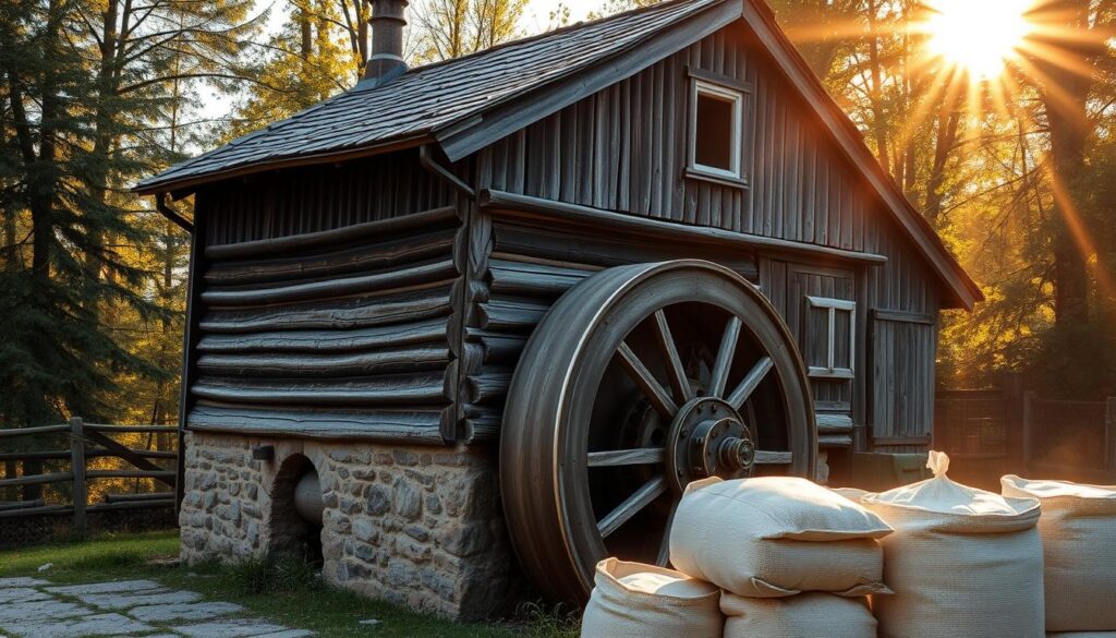 A traditional Polish grain mill nestled in a quaint countryside setting, bathed in warm, golden-hour lighting. The weathered wooden structure stands proudly, its large waterwheel slowly turning, powering the intricate machinery within. Sunlight dapples through the trees, casting a soft, nostalgic glow across the scene. The mill's exterior features intricate carvings and a charming, rustic aesthetic, transporting the viewer to a bygone era of artisanal craftsmanship. In the foreground, sacks of freshly milled flour await transportation, a testament to the mill's centuries-old legacy. This high-resolution, iPhone 16 Pro Max photograph captures the timeless beauty and historical significance of the traditional Caputo flour mill.