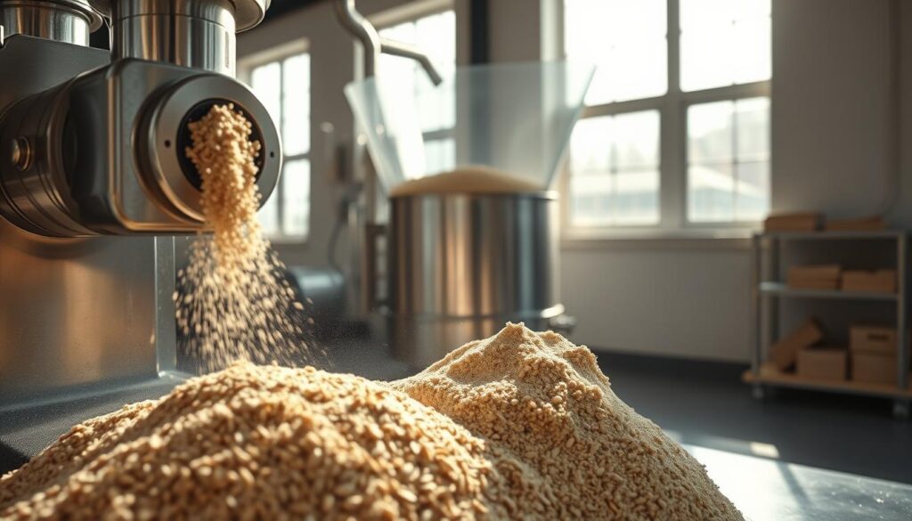 A well-lit close-up shot of hemp flour production, showcasing the process in a sleek, modern setting. The foreground features a rotating stainless steel mill, its blades slicing through hulled hemp seeds, releasing a fine, powdery mane of nutty-colored flour. In the middle ground, a transparent hopper gathers the freshly milled flour, casting soft shadows on the surrounding steel surfaces. The background depicts a minimalist workspace, with ample natural light streaming in through large windows, creating a warm, inviting atmosphere. The entire scene conveys the artisanal and nutritious nature of hemp flour, ready to be incorporated into delicious, health-conscious pizza dough. A well-lit close-up shot of hemp flour production, showcasing the process in a sleek, modern setting. The foreground features a rotating stainless steel mill, its blades slicing through hulled hemp seeds, releasing a fine, powdery mane of nutty-colored flour. In the middle ground, a transparent hopper gathers the freshly milled flour, casting soft shadows on the surrounding steel surfaces. The background depicts a minimalist workspace, with ample natural light streaming in through large windows, creating a warm, inviting atmosphere. The entire scene conveys the artisanal and nutritious nature of hemp flour, ready to be incorporated into delicious, health-conscious pizza dough.