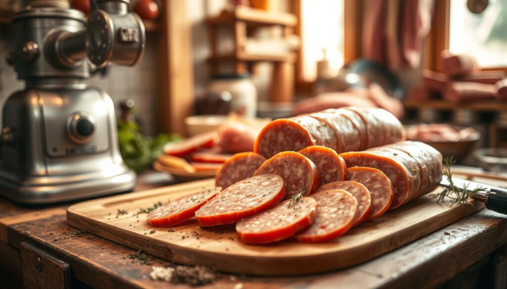 a close-up photo of traditional italian mortadella bologna sausage being handcrafted in a small family-owned butchery, the meat freshly sliced and arranged on a wooden cutting board, surrounded by spices and herbs, with a vintage meat grinder and other traditional tools visible in the background, natural lighting from a window casting a warm glow, the scene conveying a sense of artisanal craftsmanship and long-standing culinary heritage a close-up photo of traditional italian mortadella bologna sausage being handcrafted in a small family-owned butchery, the meat freshly sliced and arranged on a wooden cutting board, surrounded by spices and herbs, with a vintage meat grinder and other traditional tools visible in the background, natural lighting from a window casting a warm glow, the scene conveying a sense of artisanal craftsmanship and long-standing culinary heritage