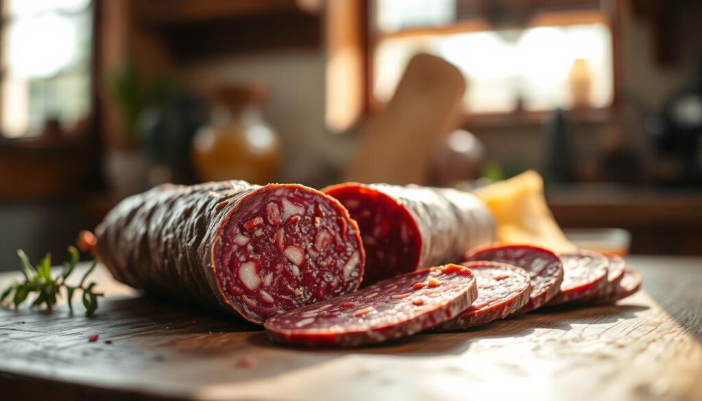 a close-up shot of traditional Italian salami on a rustic wooden table, lit by natural light from a nearby window. The salami has a deep red color, a coarse texture, and is sliced to reveal its cross-section. The background is blurred, creating a focus on the detailed texture and shape of the salami. The lighting casts warm, soft shadows, giving the scene a homely, authentic feel. The composition and depth of field create a sense of artisanal craftsmanship and high-quality ingredients, reflecting the introduction to the classic Salame Milano.