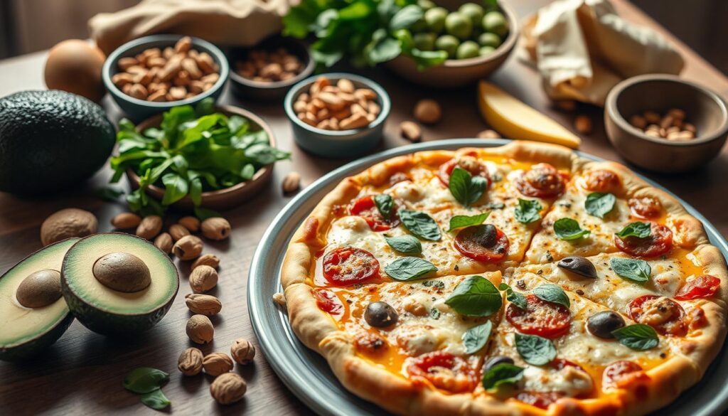 a high-quality, detailed photograph of a ketogenic diet, shot with an iPhone 16 Pro Max. The image shows a table with various keto-friendly foods and ingredients, including avocado, nuts, leafy greens, and a plate of a keto-friendly pizza. The lighting is natural and warm, creating a cozy and inviting atmosphere. The composition is well-balanced, with the main subject in the center and the background slightly blurred, drawing the viewer's attention to the key elements. The image conveys the benefits of the ketogenic diet, such as its low-carb, high-fat approach, and its potential to support overall health and wellness.