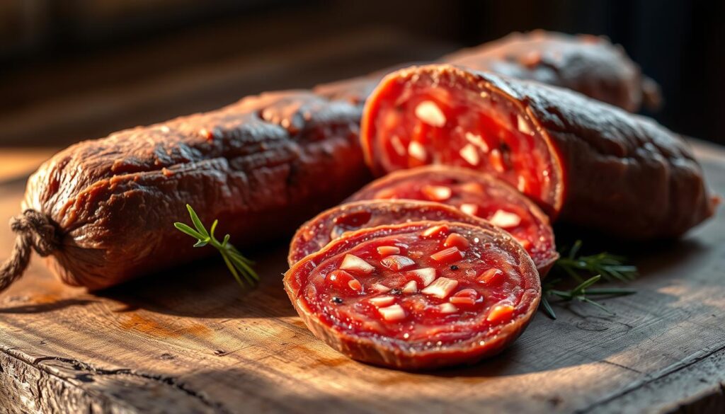 a high-quality, detailed photograph of traditional Italian salami on a rustic wooden surface, shot with an iPhone 16 Pro Max. The salami has a rich, dark red color and a coarse, textured exterior, hinting at its intense, savory flavor. The lighting is soft and natural, creating warm, inviting shadows that accentuate the contours of the salami. The background is slightly blurred, keeping the focus on the centerpiece - the salami - which is presented in a way that showcases its traditional, artisanal craftsmanship. The overall mood is one of authentic Italian cuisine, conveying the essence of the "Spianata Romana" section of the article.