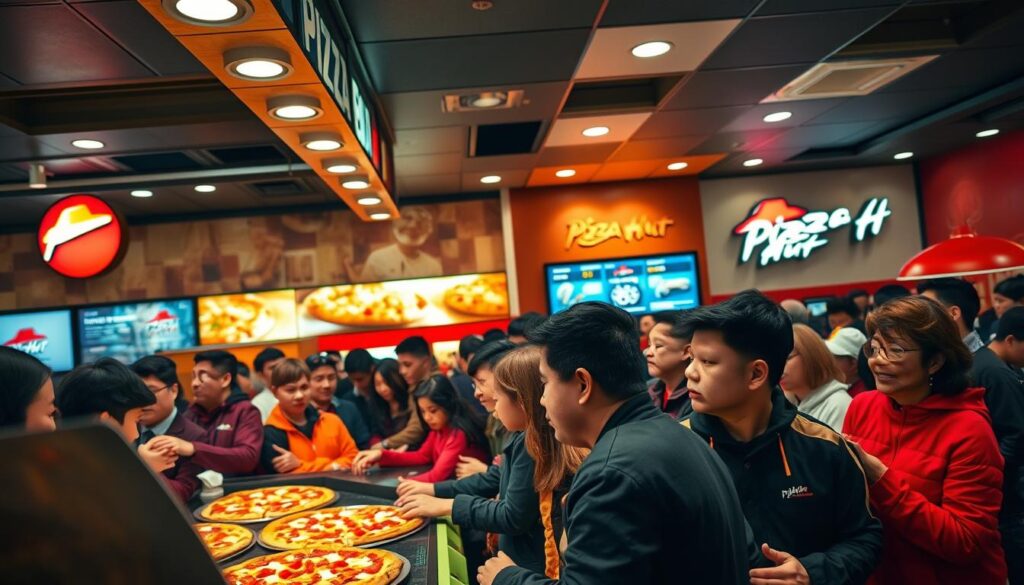 A bustling Pizza Hut restaurant, filled with the aroma of freshly baked pies. Customers eagerly line up, eager to partake in the Unlimited Pizza Festival, their eyes gleaming with anticipation. The scene is captured in vivid detail, with the warm lighting casting a cozy glow over the lively atmosphere. The camera, an iPhone 16 Pro Max, captures the energy of the event, showcasing the vibrant decor, the smiling staff, and the inviting array of pizzas on display. The image conveys the spirit of the festival, where pizza lovers can indulge in a limitless array of flavors, savoring each bite with delight.