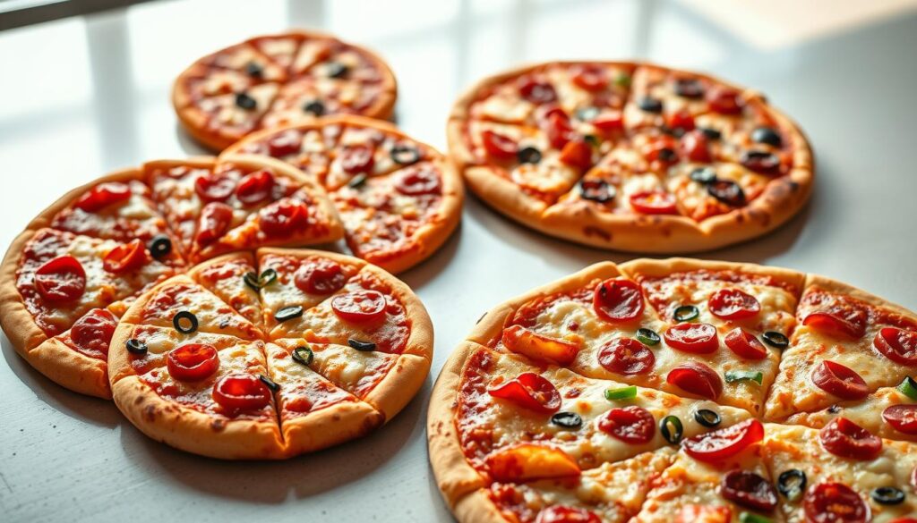A close-up, high-quality photograph of a variety of pizza sizes from Pizza Hut, shot with an iPhone 16 Pro Max. The pizzas are displayed on a clean, neutral surface, with natural lighting illuminating the scene. The image focuses on the different diameter measurements of the pizzas, showcasing the range of sizes available, from a small personal pizza to a large family-sized option. The crust, toppings, and overall visual appeal of the pizzas are clearly visible, allowing the viewer to get a sense of the product. The composition is balanced and the focus is sharp, capturing the details of the pizzas in a professional, appetizing manner.