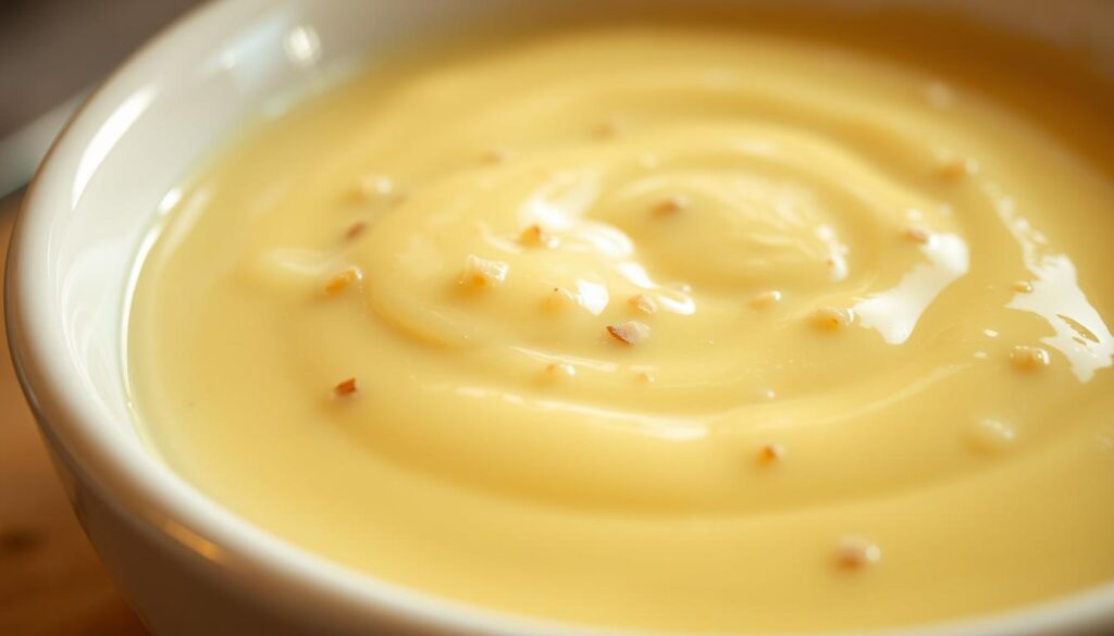 A close-up photograph of a creamy, smooth garlic sauce presented in a shallow white dish. The sauce has a glossy, velvety texture and a vibrant, pale yellow color. Small specks of minced garlic are visible throughout, adding visual interest and suggesting the distinct aroma and flavor of the sauce. The lighting is soft and diffused, creating a warm, inviting atmosphere. The camera is positioned at a slight angle, drawing the viewer's attention to the delicate details and the overall elegance of the garlic sauce. The background is blurred, keeping the focus solely on the captivating appearance of this versatile culinary condiment.