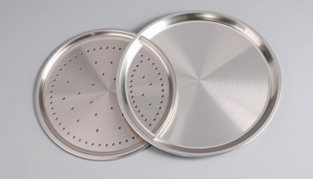 A close-up photograph of two circular pizza pans, one with small perforations across the surface and the other without any holes. The pans are made of shiny, high-quality stainless steel, creating a sleek, professional-grade appearance. The lighting is soft and even, highlighting the subtle textures and reflections of the metal. The background is a plain, neutral color that allows the pans to be the main focus of the image. The angle is slightly tilted to provide a dynamic perspective and emphasize the contrast between the perforated and non-perforated designs. A close-up photograph of two circular pizza pans, one with small perforations across the surface and the other without any holes. The pans are made of shiny, high-quality stainless steel, creating a sleek, professional-grade appearance. The lighting is soft and even, highlighting the subtle textures and reflections of the metal. The background is a plain, neutral color that allows the pans to be the main focus of the image. The angle is slightly tilted to provide a dynamic perspective and emphasize the contrast between the perforated and non-perforated designs.