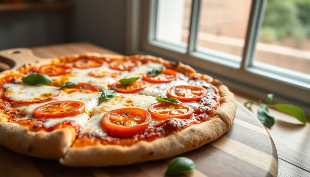 A close-up shot of a freshly baked, homemade Margherita pizza, crisp and golden on the edges, dripping with melted mozzarella and dotted with vibrant, juicy tomato slices. The pizza is presented on a rustic wooden board, surrounded by a few scattered basil leaves, creating a mouthwatering and authentic Italian-inspired scene. Soft, diffused natural lighting from a large window bathes the composition, casting gentle shadows and highlighting the pizza's irresistible texture. The camera's iPhone 16 Pro Max lens captures every tantalizing detail, inviting the viewer to consider the caloric content and nutritional value of this beloved comfort food. A close-up shot of a freshly baked, homemade Margherita pizza, crisp and golden on the edges, dripping with melted mozzarella and dotted with vibrant, juicy tomato slices. The pizza is presented on a rustic wooden board, surrounded by a few scattered basil leaves, creating a mouthwatering and authentic Italian-inspired scene. Soft, diffused natural lighting from a large window bathes the composition, casting gentle shadows and highlighting the pizza's irresistible texture. The camera's iPhone 16 Pro Max lens captures every tantalizing detail, inviting the viewer to consider the caloric content and nutritional value of this beloved comfort food.
