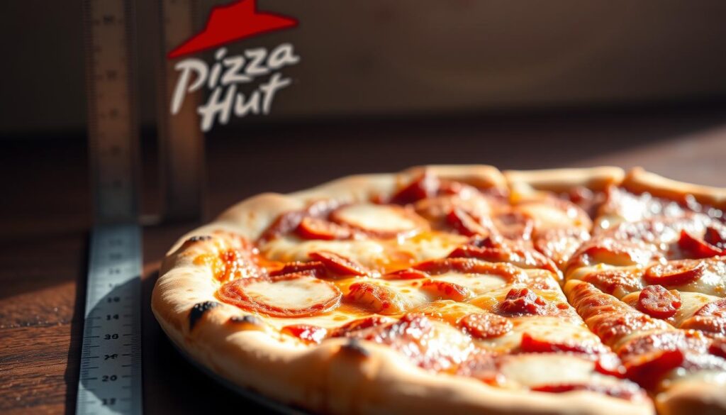 A close-up shot of a medium-sized pizza from Pizza Hut, showcasing its precise dimensions. The pizza is centered in the frame, with a ruler or measuring tape visible alongside it, providing clear scale reference. The crust has a golden-brown color and a slightly charred edge, while the toppings are evenly distributed. The lighting is natural and slightly diffused, creating a warm, appetizing atmosphere. The background is slightly blurred, keeping the focus on the pizza's size and details. The overall impression should convey a sense of accurate, factual representation suitable for an informative article section.