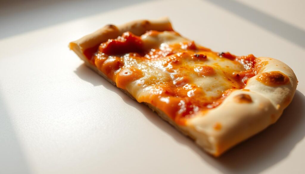 A close-up shot of a single slice of freshly baked pizza, resting on a clean, light-colored surface. The pizza crust is golden-brown, with a crispy, lightly charred edge. Gooey, melted cheese cascades over the top, revealing a tantalizing glimpse of the tomato sauce beneath. The lighting is soft and natural, casting a warm, inviting glow on the scene. The angle is slightly tilted, allowing the viewer to appreciate the depth and texture of the pizza slice. The background is blurred, keeping the focus solely on the pizza and its mouthwatering details.