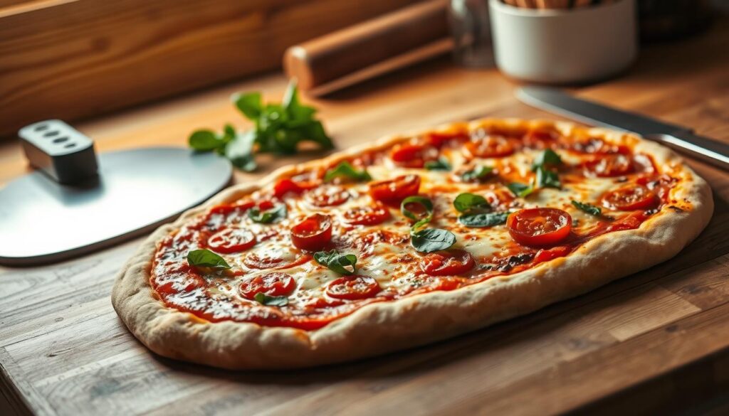 A cozy kitchen counter, adorned with a homemade pizza, its golden crust glistening under the warm, natural lighting. Vibrant tomato sauce, gooey melted cheese, and an array of fresh toppings, perfectly arranged to create a visually appetizing masterpiece. The pizza's aroma wafts through the air, enticing the senses. In the background, a rustic wooden surface provides a grounded, earthy contrast, while a few kitchen utensils, such as a pizza peel and a sharp knife, hint at the hands-on process of crafting this delectable dish. The overall scene exudes a sense of homemade comfort, inviting the viewer to savor the joy of preparing and enjoying a delicious, freshly baked pizza in the comforts of one's own kitchen. A cozy kitchen counter, adorned with a homemade pizza, its golden crust glistening under the warm, natural lighting. Vibrant tomato sauce, gooey melted cheese, and an array of fresh toppings, perfectly arranged to create a visually appetizing masterpiece. The pizza's aroma wafts through the air, enticing the senses. In the background, a rustic wooden surface provides a grounded, earthy contrast, while a few kitchen utensils, such as a pizza peel and a sharp knife, hint at the hands-on process of crafting this delectable dish. The overall scene exudes a sense of homemade comfort, inviting the viewer to savor the joy of preparing and enjoying a delicious, freshly baked pizza in the comforts of one's own kitchen.