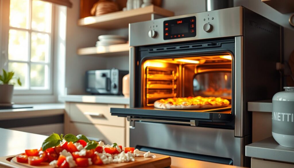 A cozy kitchen scene with a modern oven in the center, its door ajar to reveal a golden-crusted pizza baking inside. Warm, natural lighting filters through the windows, casting a soft glow on the stainless steel appliance. On the countertop, a collection of fresh ingredients - diced tomatoes, shredded mozzarella, and fragrant basil leaves - awaits the finishing touches. The room exudes an inviting atmosphere, hinting at the delicious aroma of a homemade pizza in the making. The overall mood is one of domestic comfort and culinary expertise, reflecting the optimal settings for baking the perfect personal pizza.