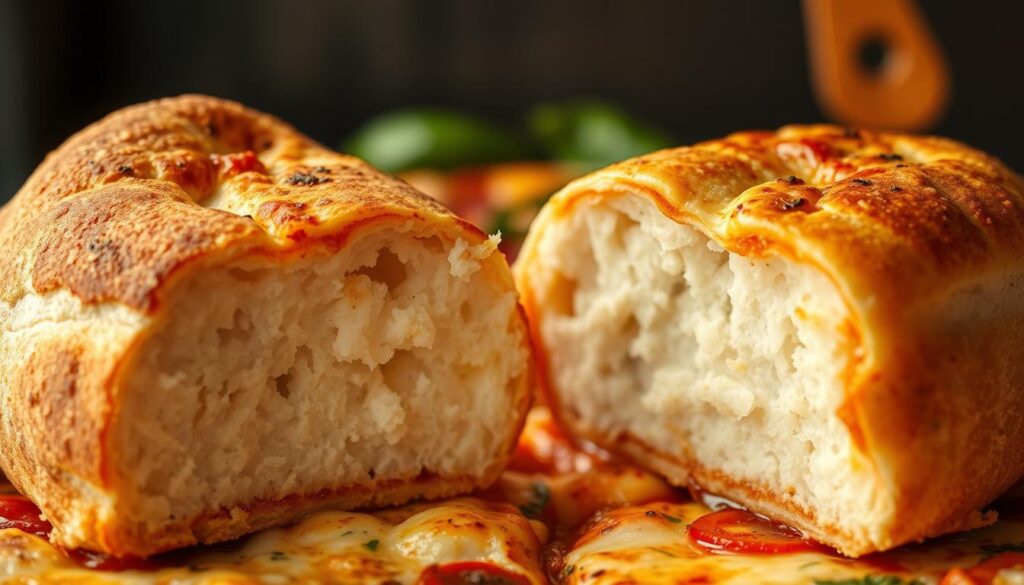 A crisp, golden-brown crust with a perfect crunch, juxtaposed against a soft, pillowy interior - the hallmark of a professional pizza dough. Captured in vivid detail, this image showcases the striking differences between a homemade and a restaurant-quality pizza crust. The foreground features a cross-section of both doughs, revealing their unique textures and structures. The middle ground highlights the distinct toppings and sauces that can be used to complement each type of crust. The background subtly suggests the different baking methods and environments, from a home oven to a commercial pizza oven. Lit with the warm, natural tones of an iPhone 16 Pro Max, this image conveys the mouthwatering allure of a professionally-crafted pizza crust.