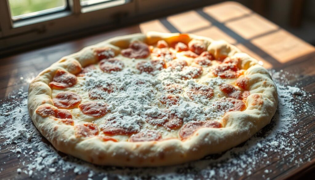 A crisp, golden-brown pizza crust, dusted with a delicate layer of fine, powdery flour, rests on a rustic wooden surface. The natural light filters through a nearby window, casting a warm, inviting glow on the scene. The texture of the flour is visible, hinting at its crucial role in creating the perfect pizza dough. The image captures the essence of this essential ingredient, its importance for a successful pizza-making endeavor emphasized by the careful framing and lighting. This realistic, high-quality photograph, shot with an iPhone 16 Pro Max, showcases the pivotal nature of the flour in crafting a delectable, homemade pizza.