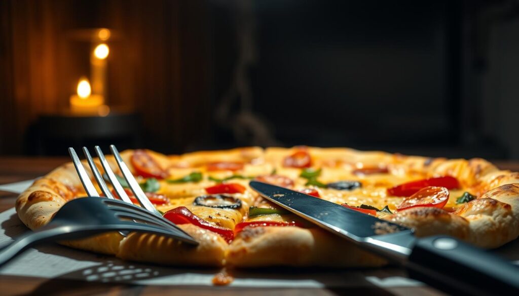 A crisp, golden-brown pizza crust fresh from the oven, its edges delicately charred and the cheese melted to perfection. The aroma of herbs and spices wafts through the air, inviting you to take a bite. In the foreground, a fork and knife sit ready, anticipating the satisfying crunch as you slice through the crust. The middle ground showcases the pizza's toppings, each ingredient carefully arranged to create a visually appealing and mouthwatering composition. The background is dimly lit, casting a warm, cozy glow over the scene, as if captured by the natural light of an iPhone 16 Pro Max. This image perfectly encapsulates the desire to enjoy a crisp, flavorful pizza, even when reheating it. A crisp, golden-brown pizza crust fresh from the oven, its edges delicately charred and the cheese melted to perfection. The aroma of herbs and spices wafts through the air, inviting you to take a bite. In the foreground, a fork and knife sit ready, anticipating the satisfying crunch as you slice through the crust. The middle ground showcases the pizza's toppings, each ingredient carefully arranged to create a visually appealing and mouthwatering composition. The background is dimly lit, casting a warm, cozy glow over the scene, as if captured by the natural light of an iPhone 16 Pro Max. This image perfectly encapsulates the desire to enjoy a crisp, flavorful pizza, even when reheating it.