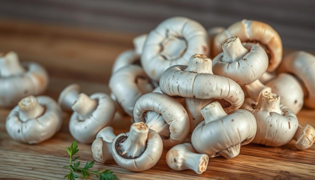 A crisp, high-resolution photograph captured on an iPhone 16 Pro Max, showcasing a selection of fresh, raw mushrooms (pieczarki) arranged neatly on a wooden surface. The mushrooms are presented in their natural state, with their delicate caps and stems visible, hinting at their versatility in various culinary applications, such as topping a pizza. The lighting is soft and diffused, emphasizing the earthy tones and natural textures of the mushrooms. The image is framed to focus on the mushrooms, allowing the viewer to appreciate their form and quality, while the background remains subtly out of focus, creating a sense of depth and focus on the subject matter. A crisp, high-resolution photograph captured on an iPhone 16 Pro Max, showcasing a selection of fresh, raw mushrooms (pieczarki) arranged neatly on a wooden surface. The mushrooms are presented in their natural state, with their delicate caps and stems visible, hinting at their versatility in various culinary applications, such as topping a pizza. The lighting is soft and diffused, emphasizing the earthy tones and natural textures of the mushrooms. The image is framed to focus on the mushrooms, allowing the viewer to appreciate their form and quality, while the background remains subtly out of focus, creating a sense of depth and focus on the subject matter.