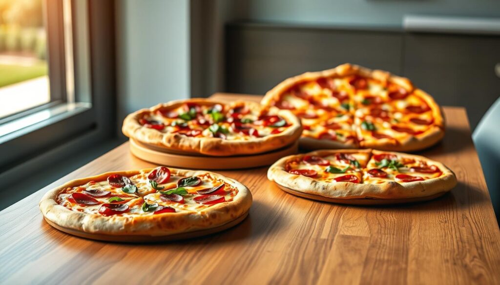 A crisp, high-resolution photograph of an assortment of fresh pizzas in varying sizes, showcasing their distinct diameters. The pizzas are displayed on a sleek, modern wooden table, bathed in warm, natural lighting that highlights their tantalizing toppings and perfectly baked crusts. The foreground features a 30cm pizza, the middle ground showcases a 40cm pizza, and the background showcases a larger 50cm pizza, providing a clear visual comparison of the different sizes. The image captures the alluring textures and colors of the pizzas, inviting the viewer to appreciate the variety of pizza sizes available. The overall composition emphasizes the pizzas' proportions and dimensions, creating a visually striking and informative illustration.